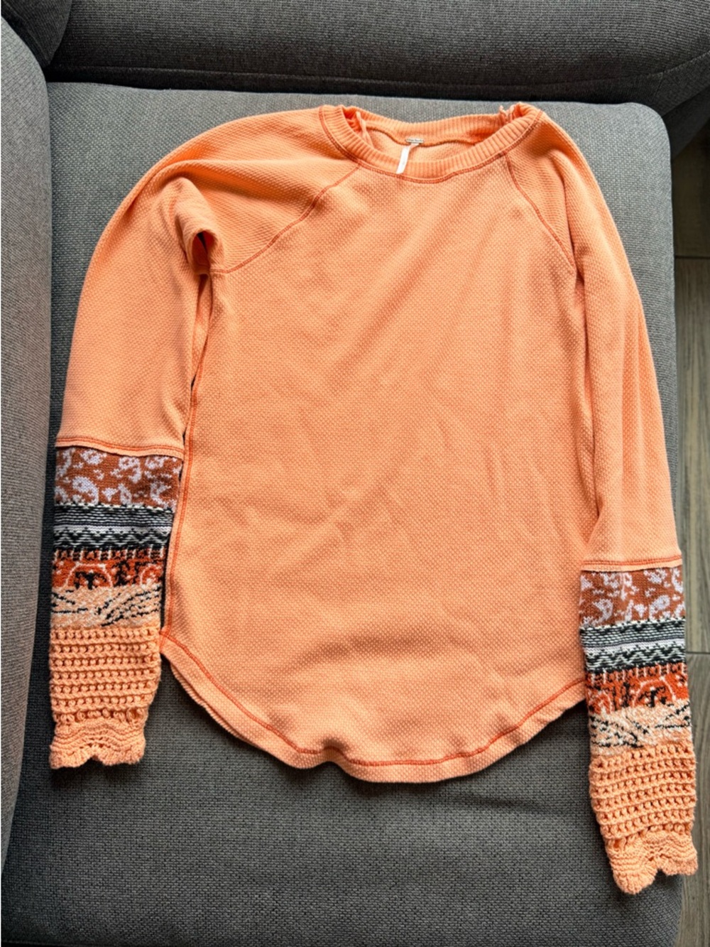 Free people Women’s Peach Long Sleeve Top with Patterned Crochet Cuffs